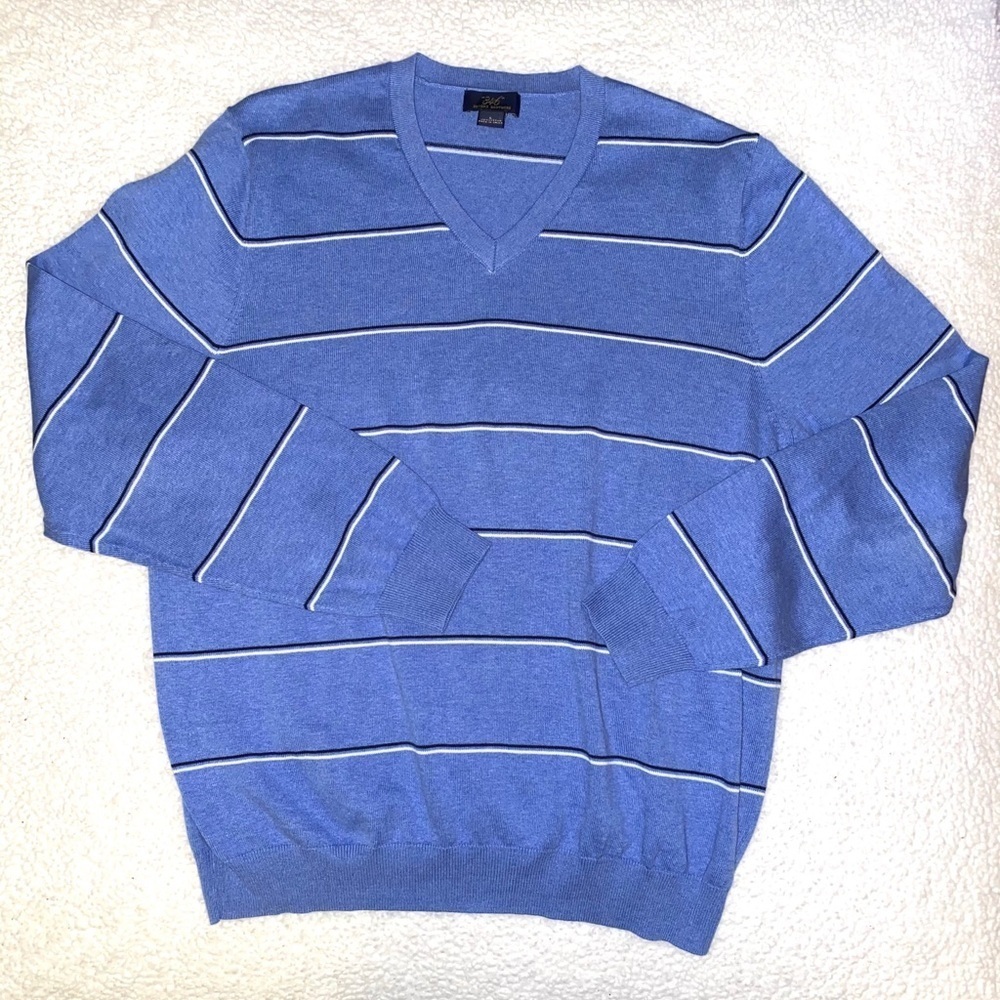 Brooks Brothers 346 Blue & White Striped V-Neck Cotton Long Sleeve Sweater